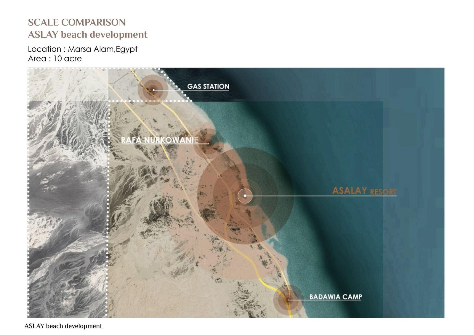 Coastal context map highlighting the proposed resort area and nearby destinations.