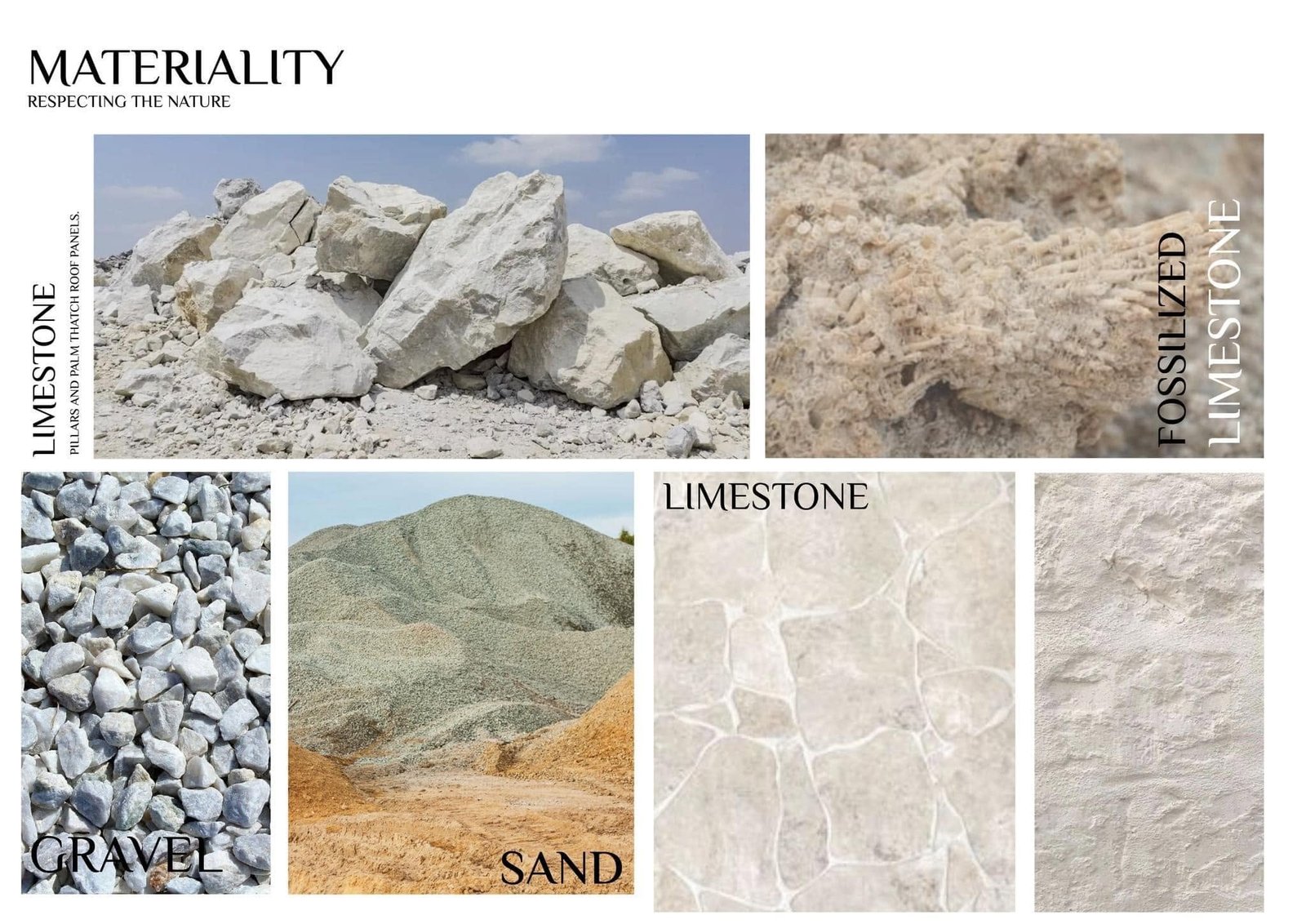 Natural-material reference board showing limestone, fossilized stone, gravel and sand.