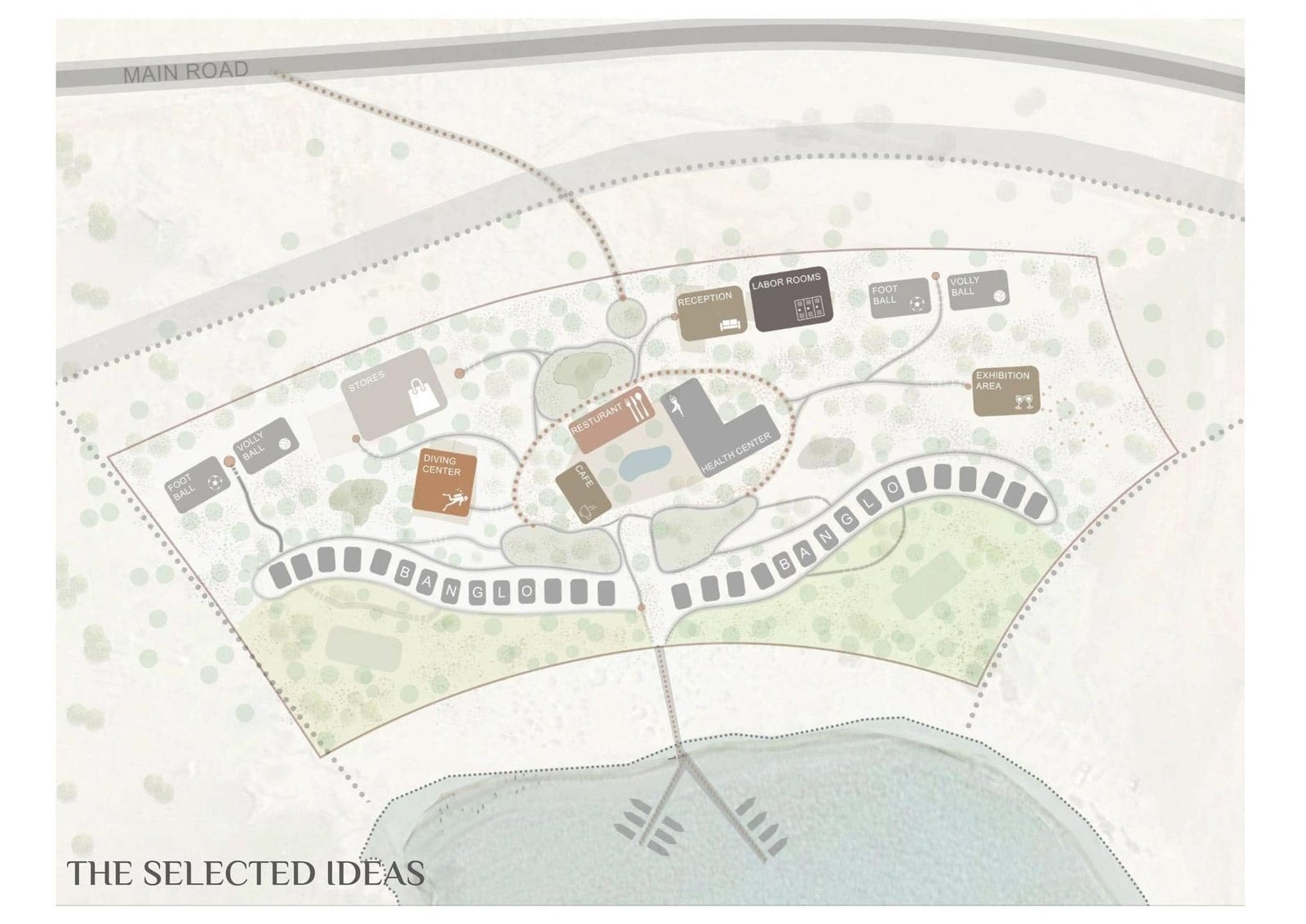 Functional zoning plan with beachfront units, a central gathering area and service blocks.