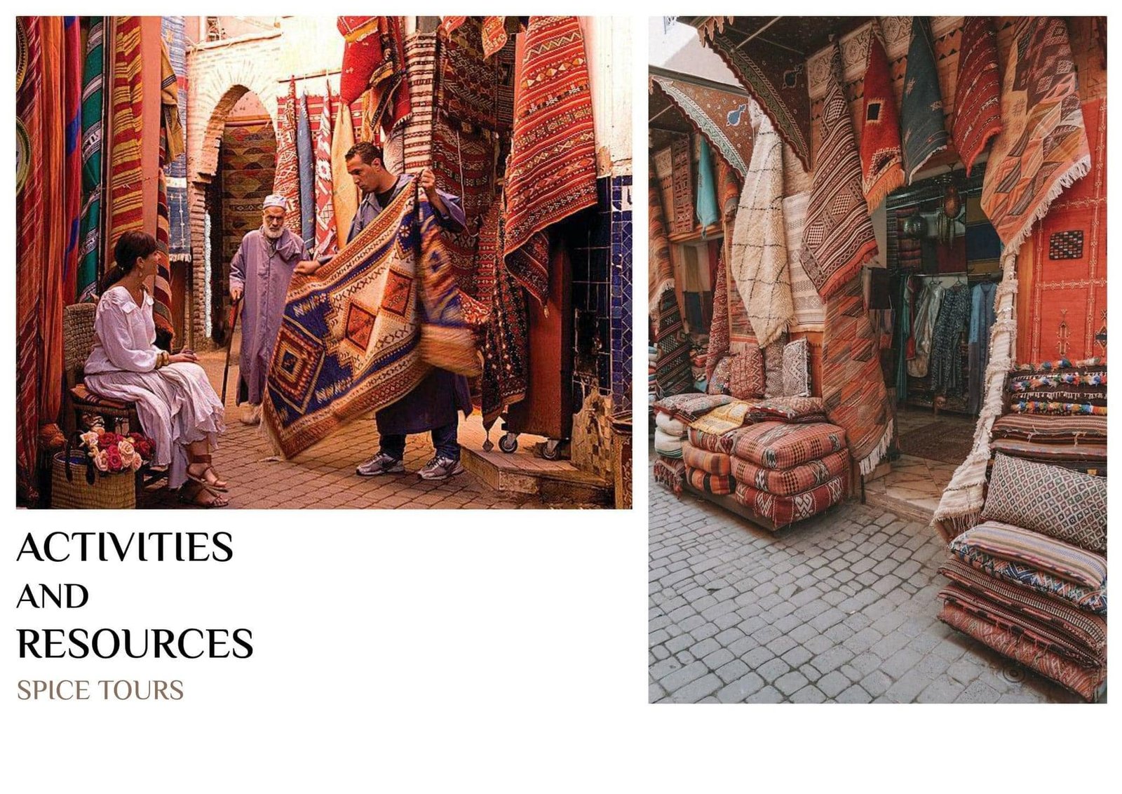 Activity reference photographs of a market with hanging carpets and woven textiles.