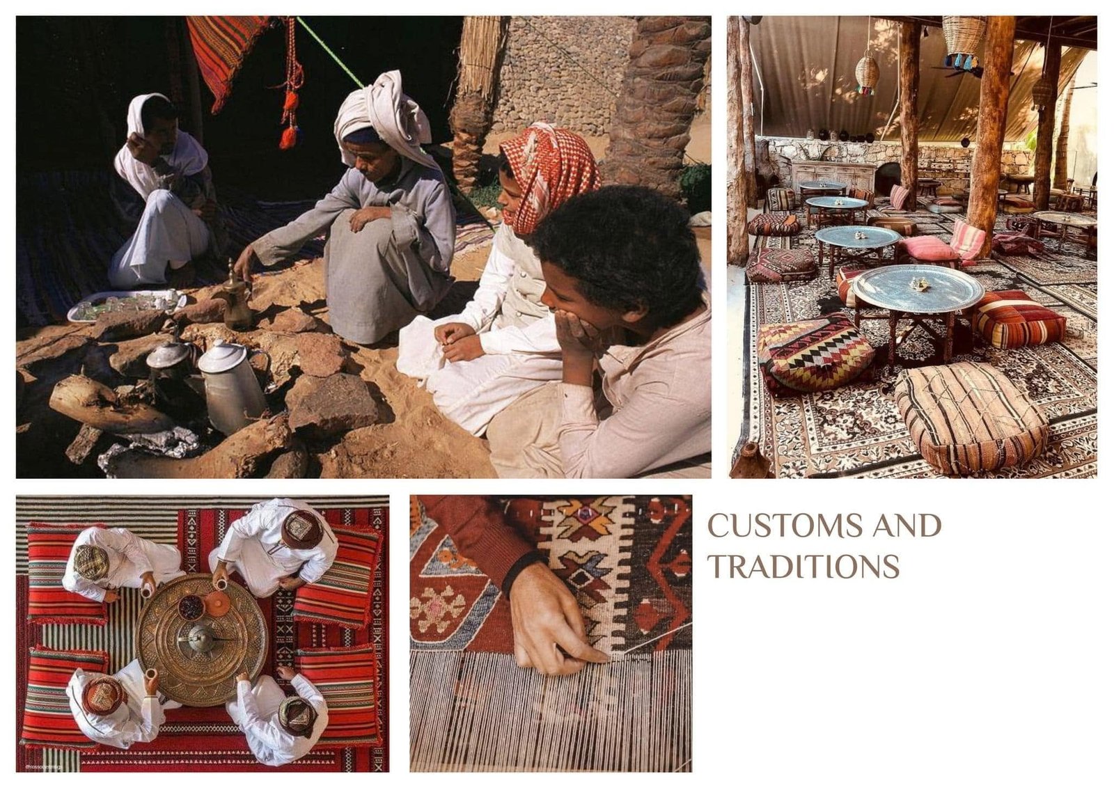 Customs-and-traditions reference collage with shared meals, seating and woven textiles.