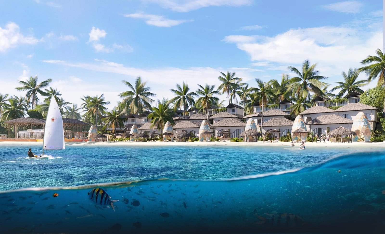 Beachfront rendering of Zanzibar Coral Mandarin Resort with thatched buildings, palms and a sailing boat.