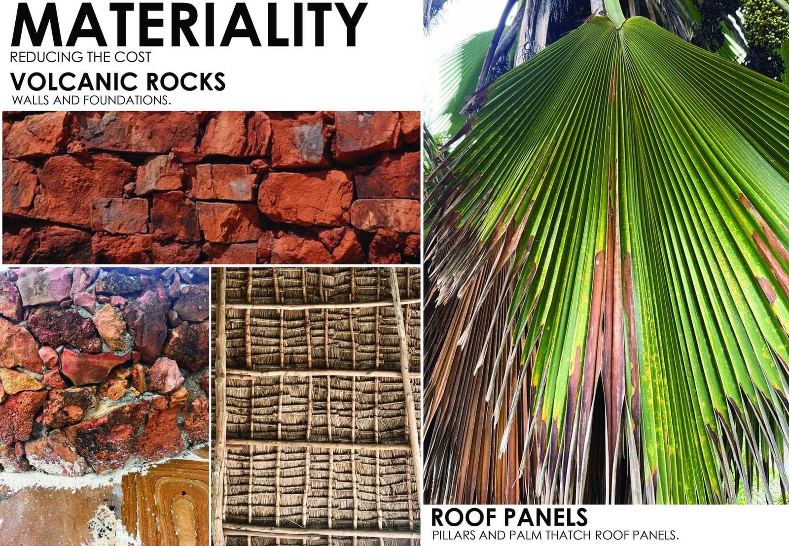 Material palette slide showing volcanic rock, woven panels and palm leaves.
