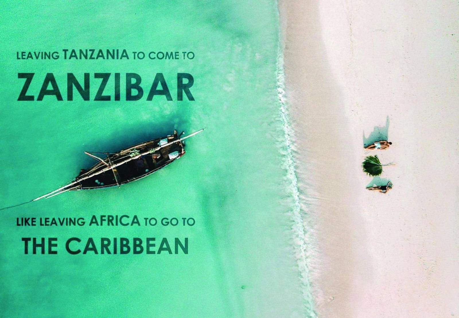 Zanzibar introductory slide with an overhead photograph of a boat in turquoise coastal water.