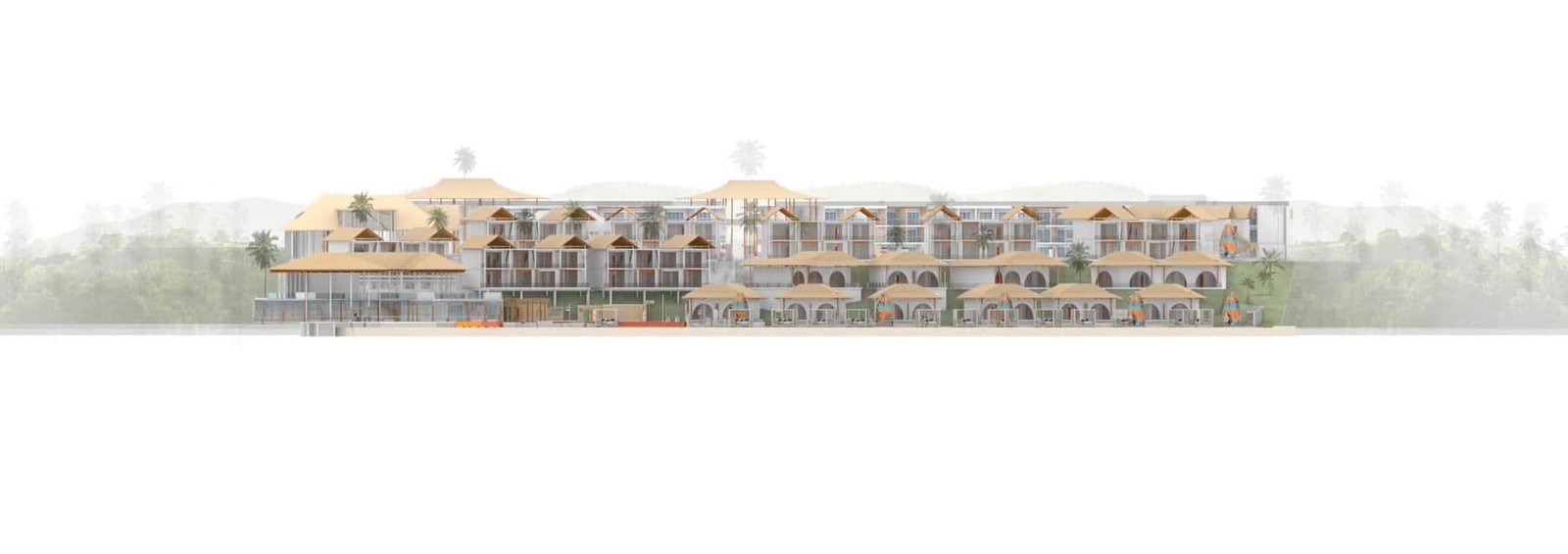 Long resort elevation drawing showing accommodation blocks and central roof forms.
