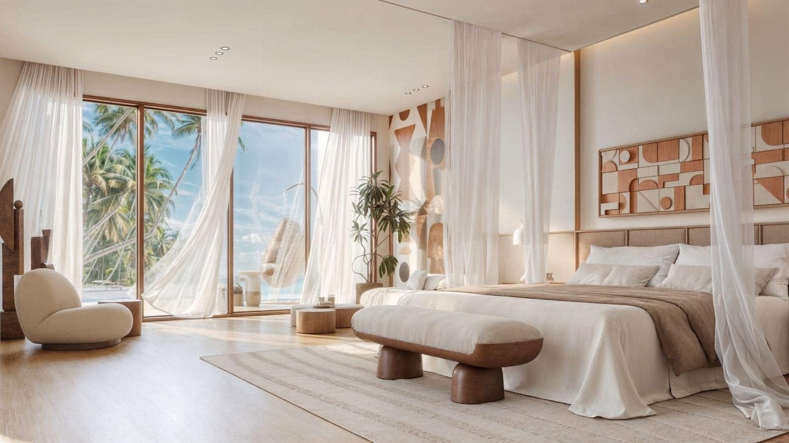 Resort bedroom rendering with a large bed, curved bench and views toward palm trees.