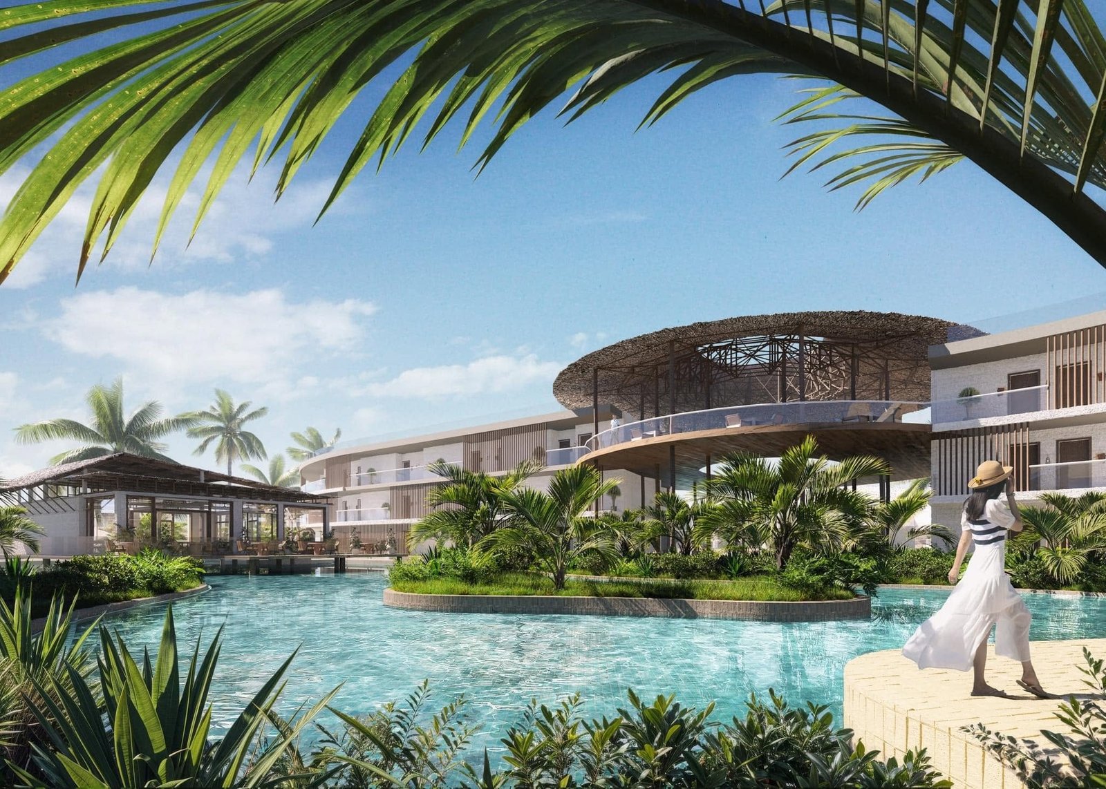 Rendering of a curved resort pool and a circular pavilion framed by palm leaves.