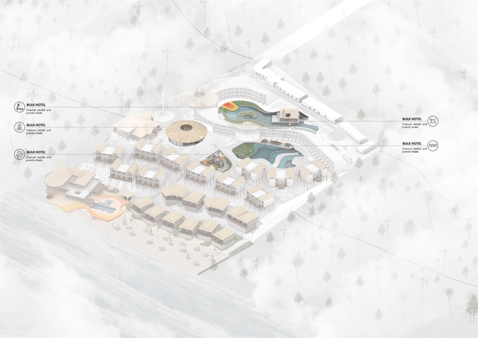 Resort axonometric layout with coloured pools, paths and roof forms.