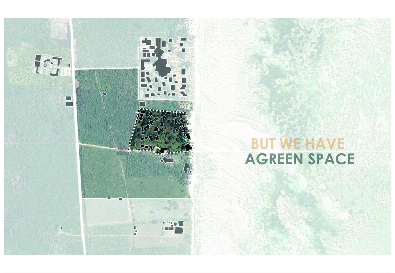 Site-analysis diagram identifying existing green space along the Zanzibar coastline.