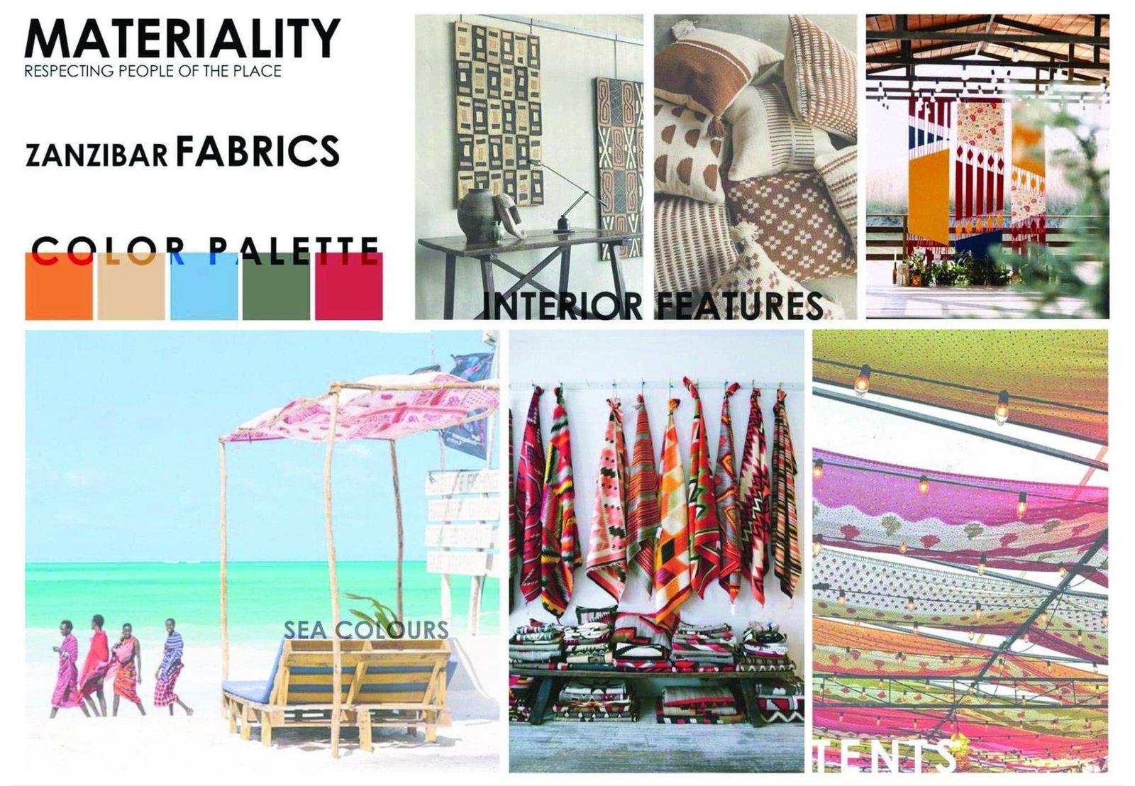Material and colour reference collage showing Zanzibar fabrics, interiors and beach shades.