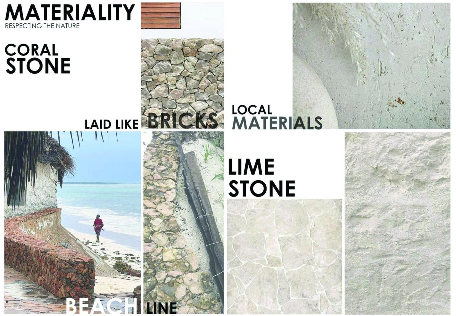Coral-stone and limestone reference collage with beach and masonry photographs.