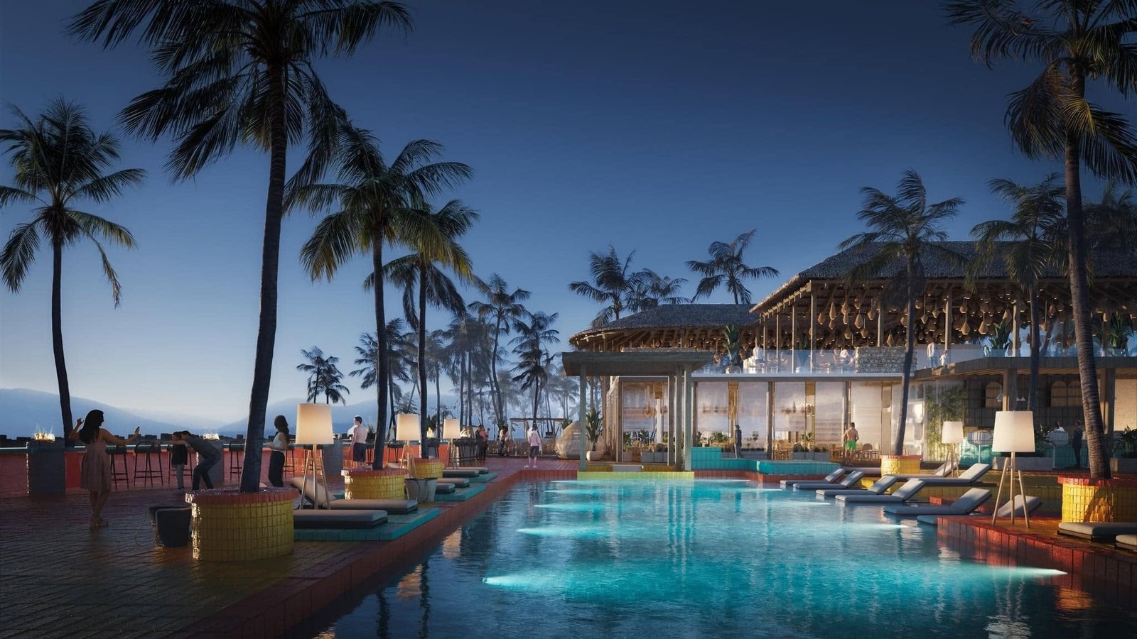 Evening resort rendering with an illuminated swimming pool and palm-lined lounge areas.