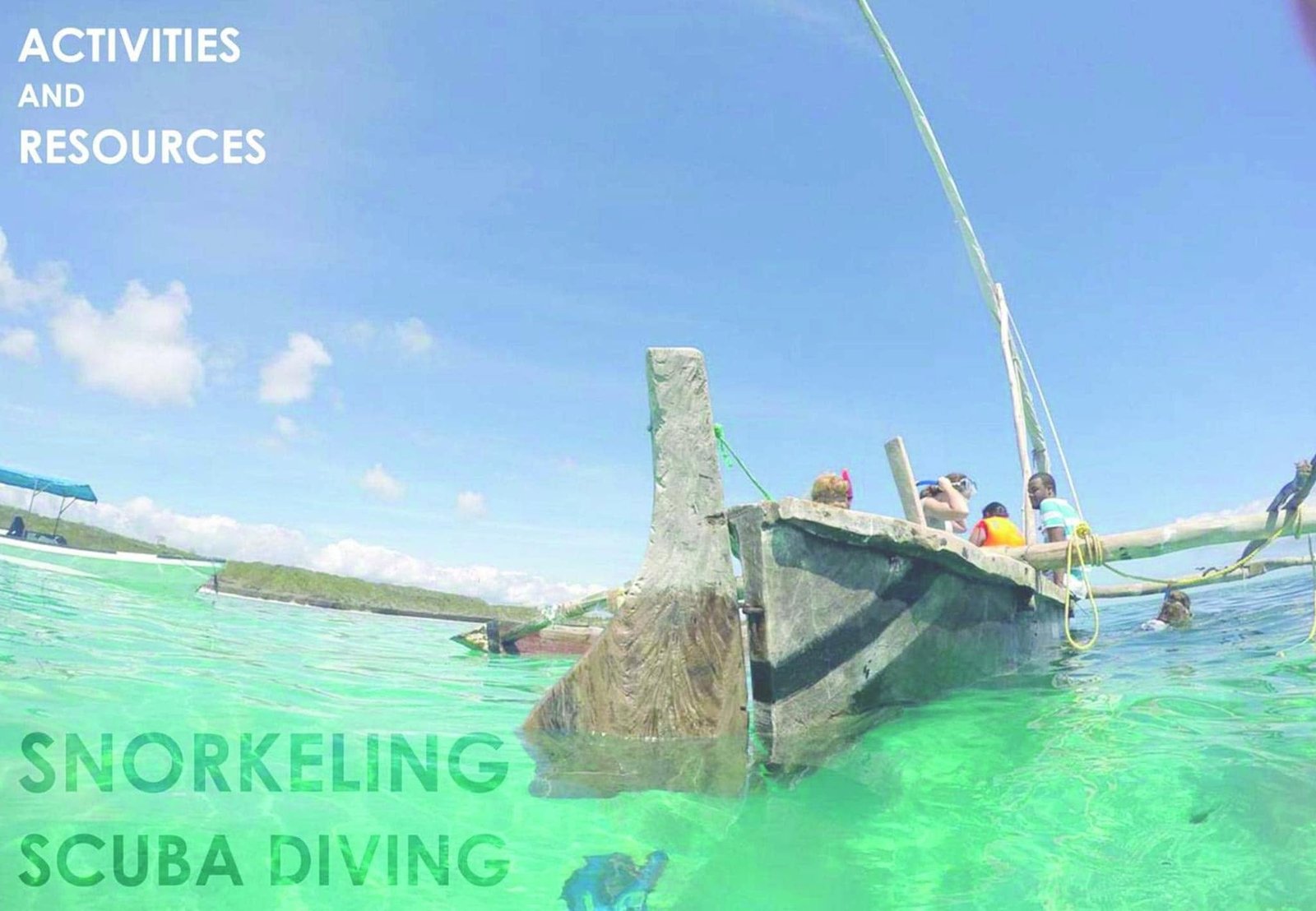Boat in clear coastal water on a slide introducing snorkeling and scuba-diving activities.