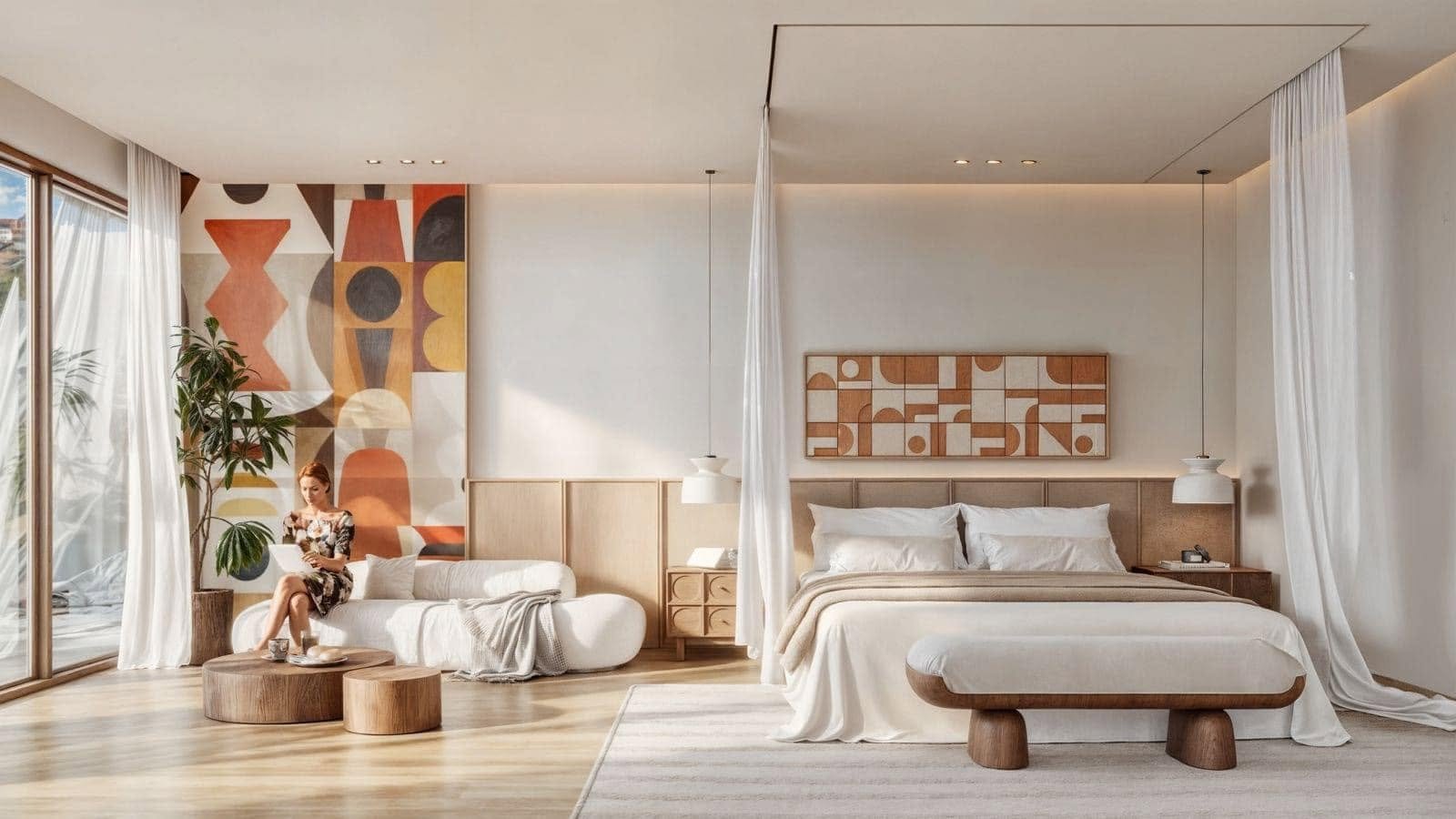 Resort bedroom rendering with two beds, light curtains and geometric wall artwork.