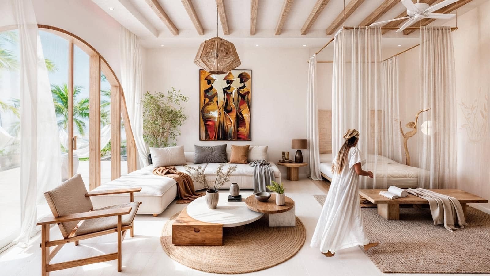 Resort living-room rendering with an arched window, low furniture and wall artwork.