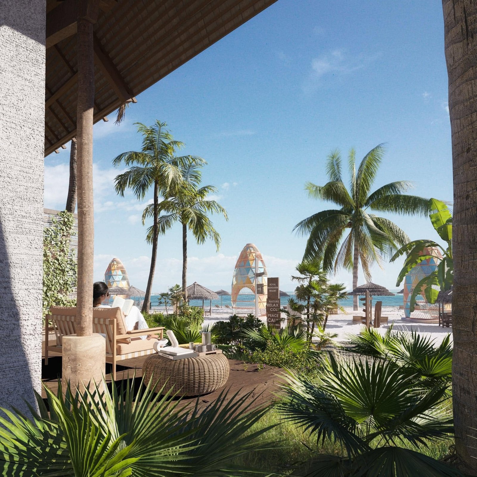 Shaded resort lounge rendering looking through planting toward the beachfront.