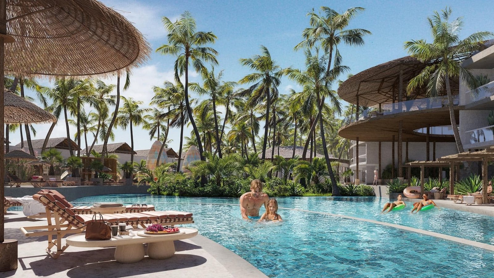 Daytime resort pool rendering with curved pool edges and palm-shaded accommodation.