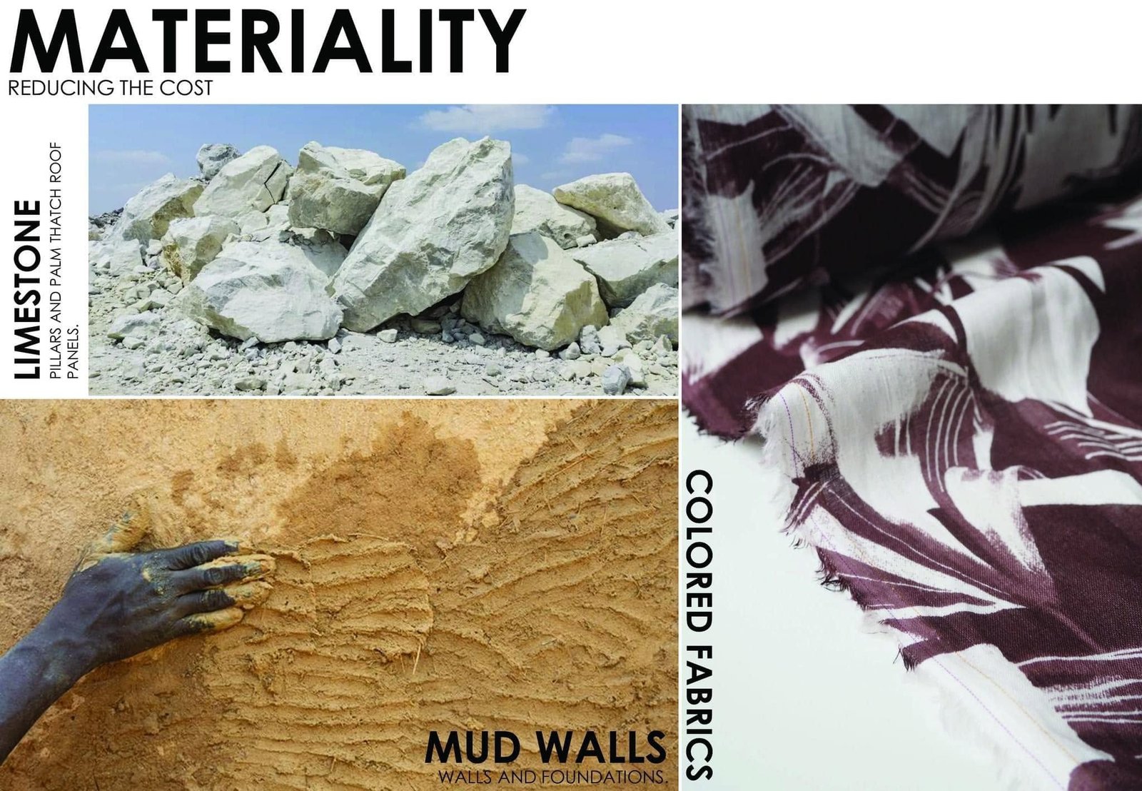 Material palette collage showing limestone, earth wall finishes and patterned fabric.