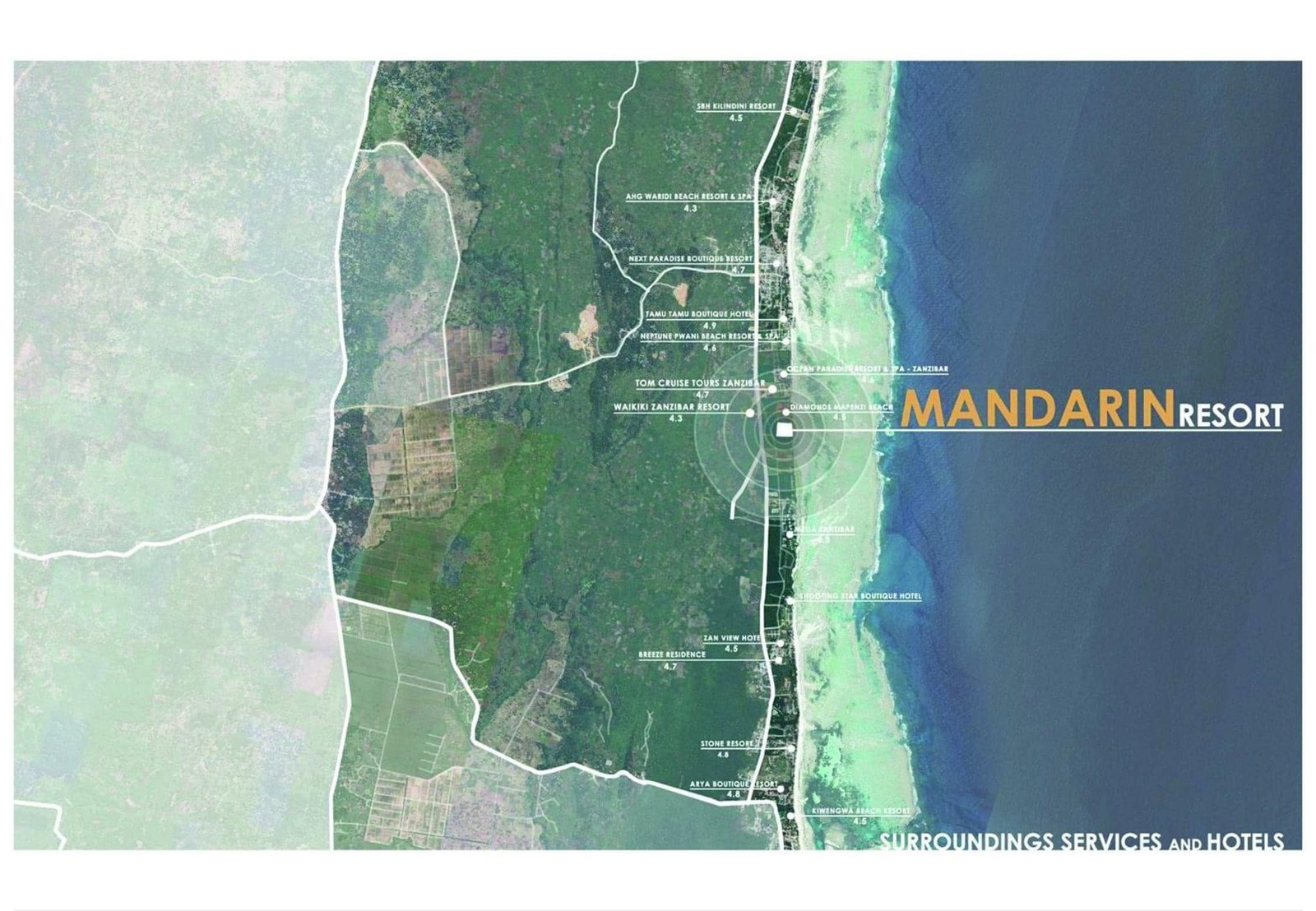 Location map showing Mandarin Resort and surrounding coastal roads and services.