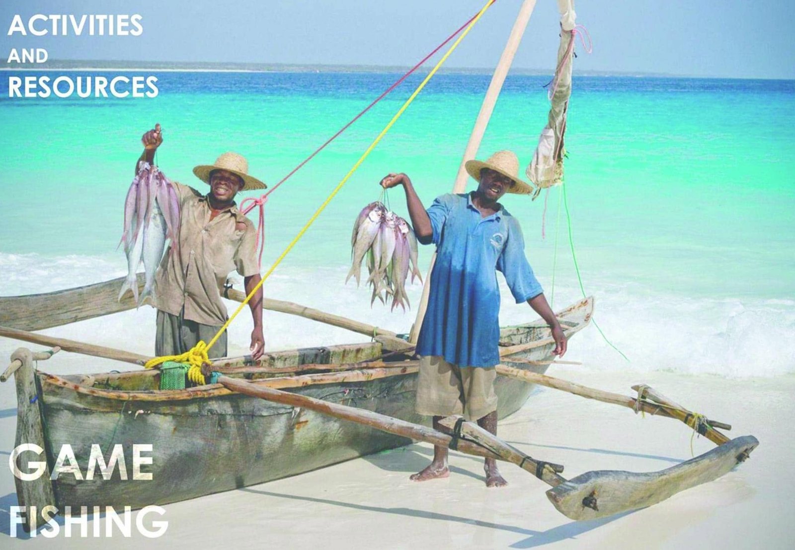 Fishing reference photograph showing a catch displayed beside a wooden outrigger boat.