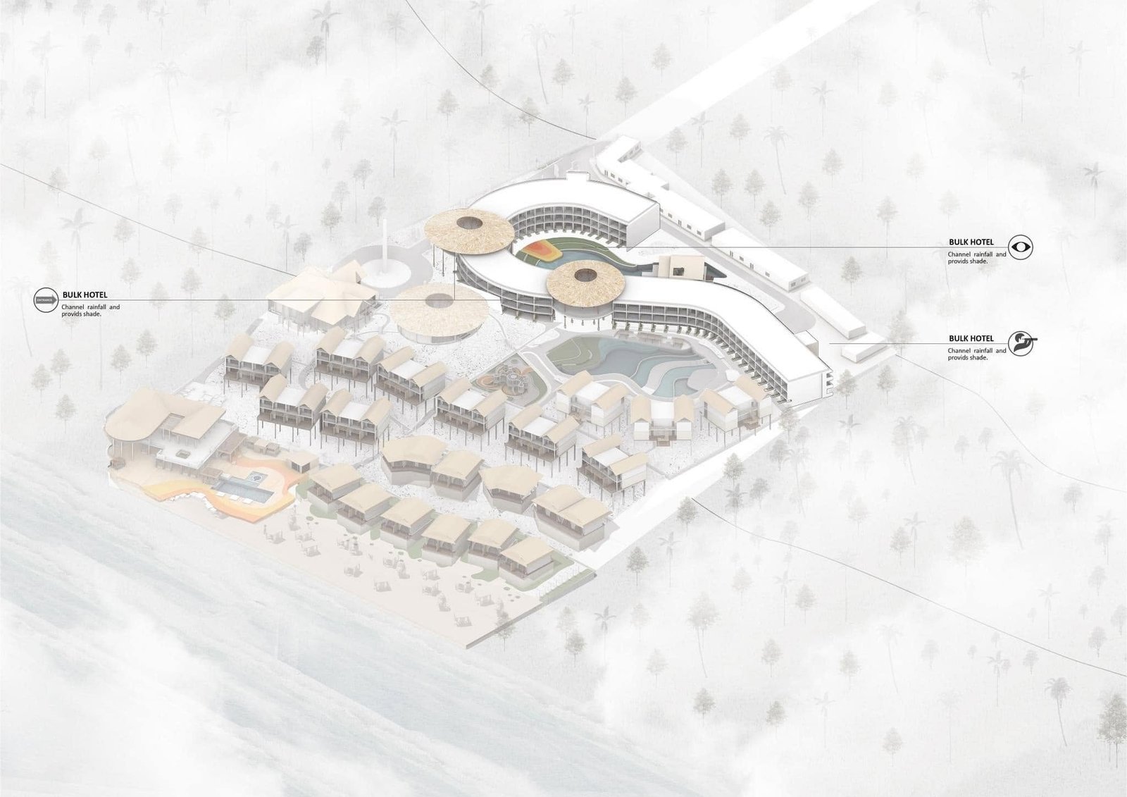Resort layout diagram highlighting the central buildings and connected accommodation.