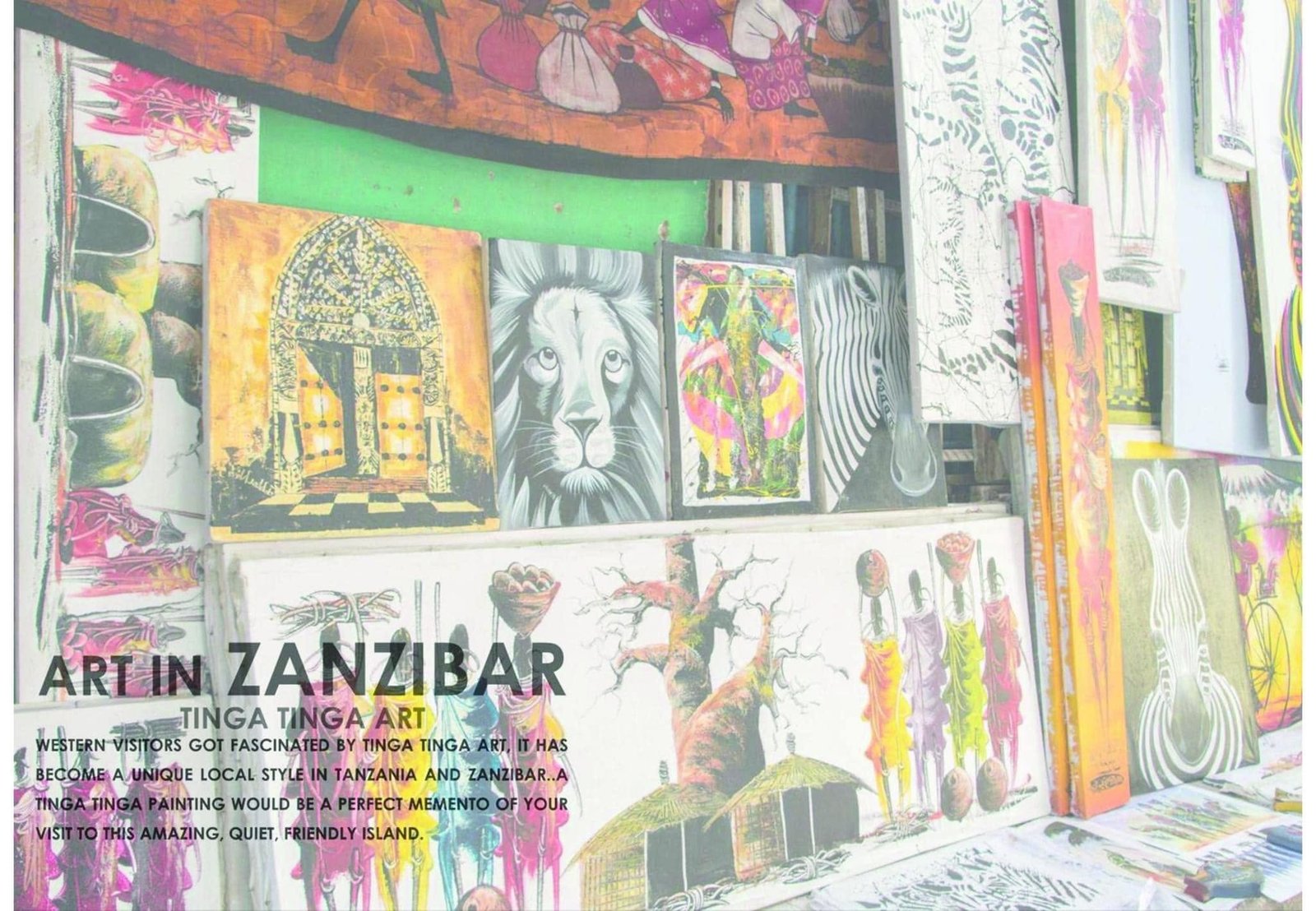 Display of paintings and crafts on the Zanzibar art reference slide.