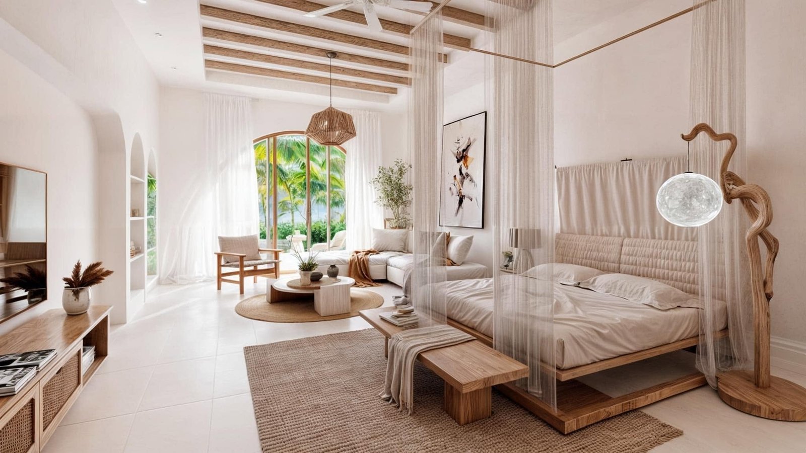Light resort living-room rendering with timber furniture, curtains and garden views.