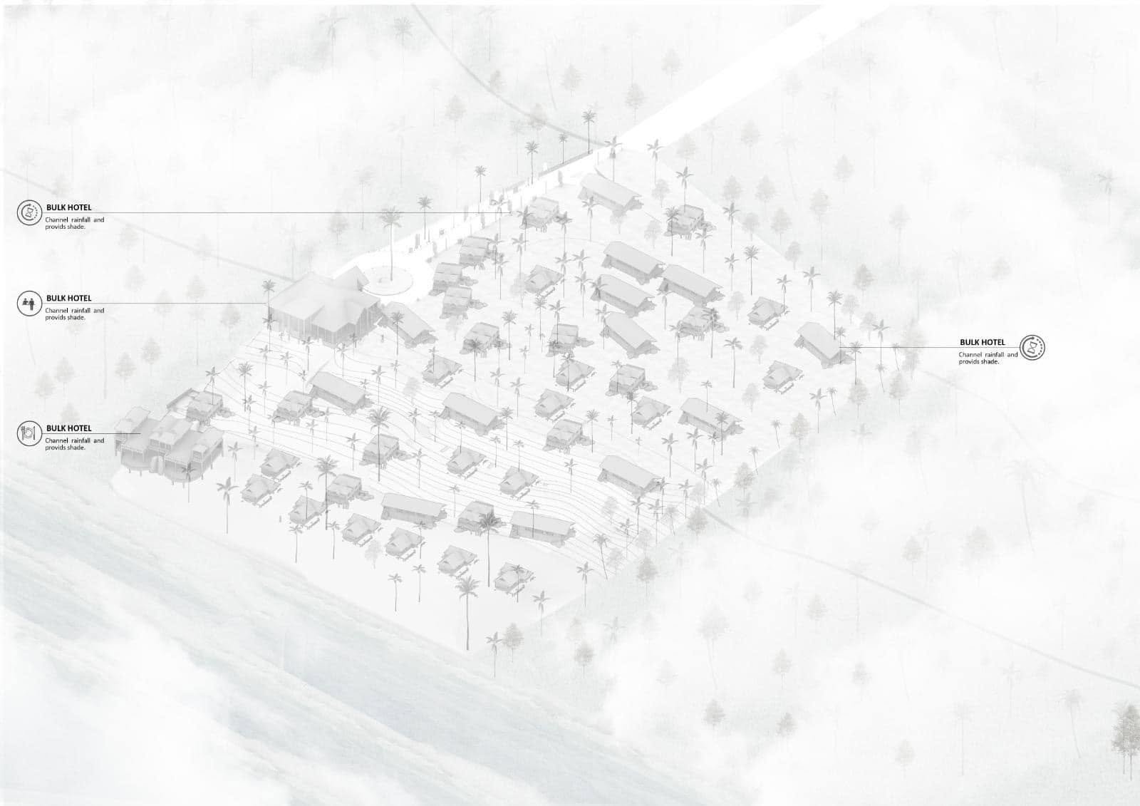 Initial resort axonometric site diagram with building positions and access annotations.