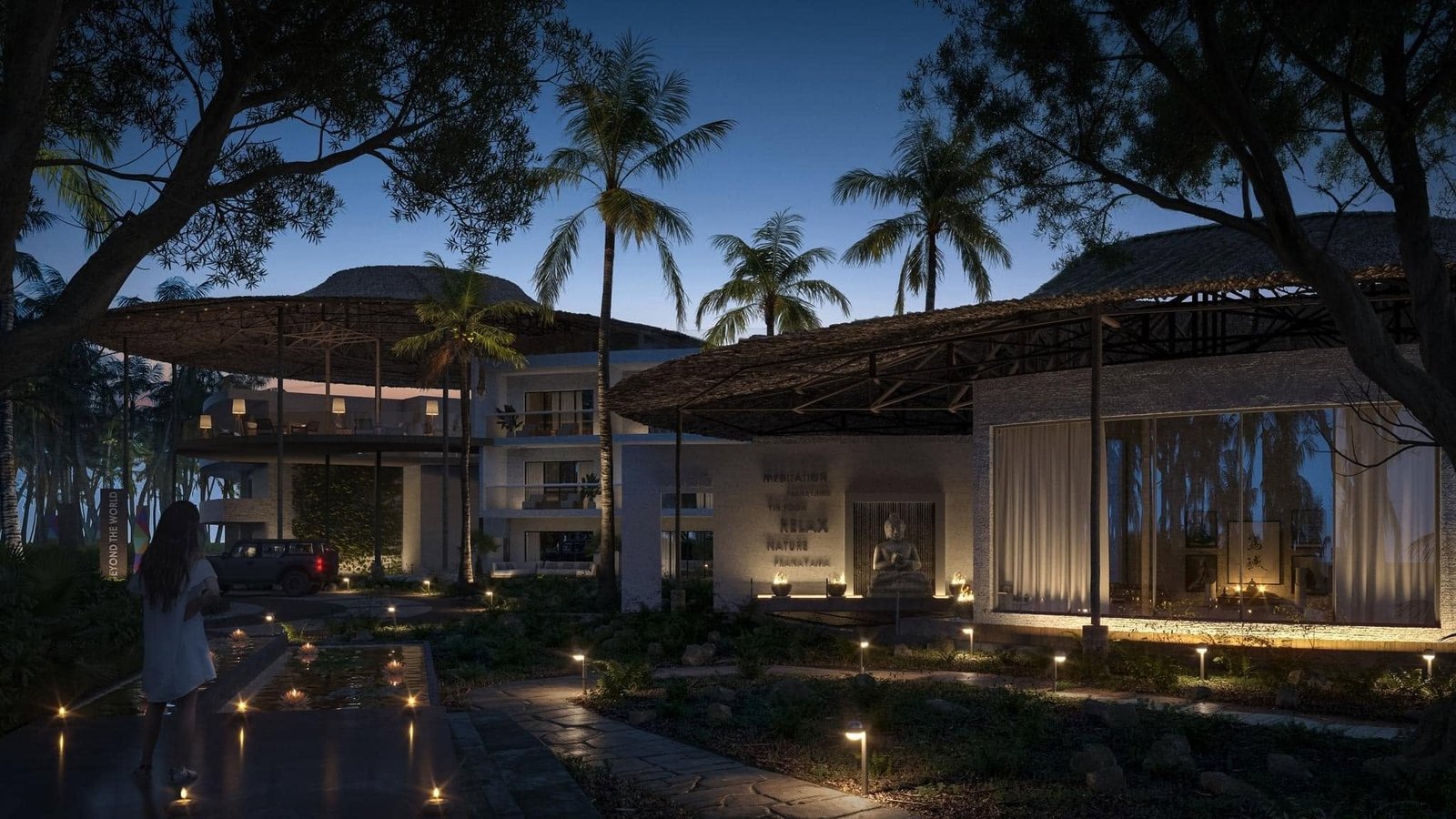 Night rendering of resort buildings and illuminated paths among palm trees.