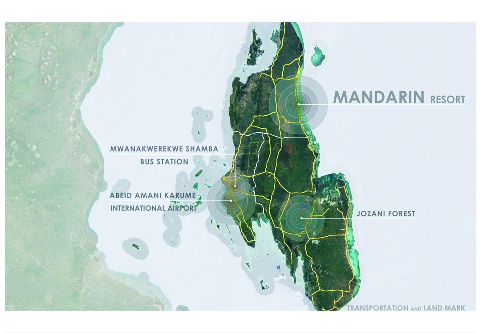 Zanzibar island map marking Mandarin Resort, the airport and other transport landmarks.
