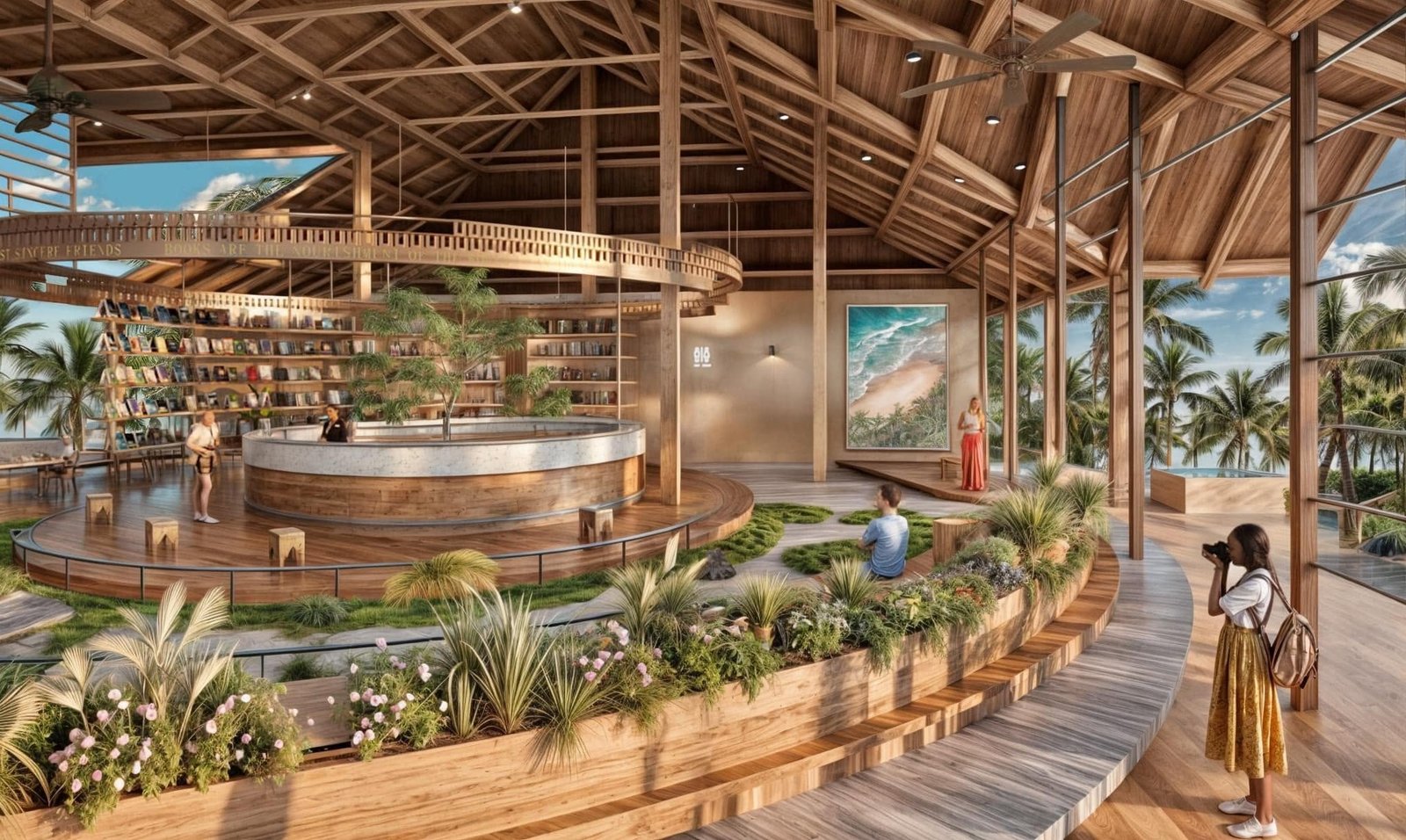 Reception rendering showing a curved desk, planted edges and an open timber structure.