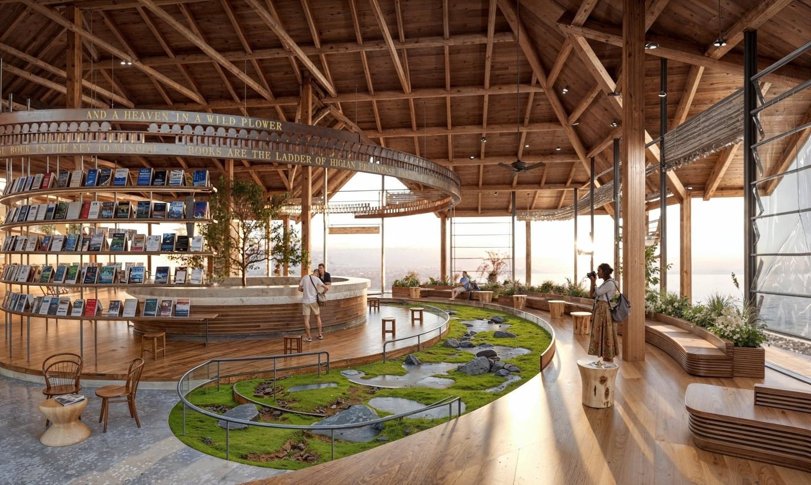 Resort reception rendering with an exposed timber roof and an architectural model display.
