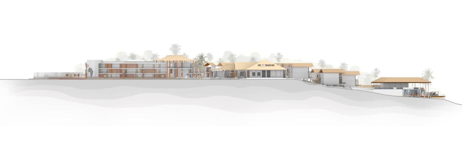 Resort site section drawing showing the changing ground profile and building arrangement.