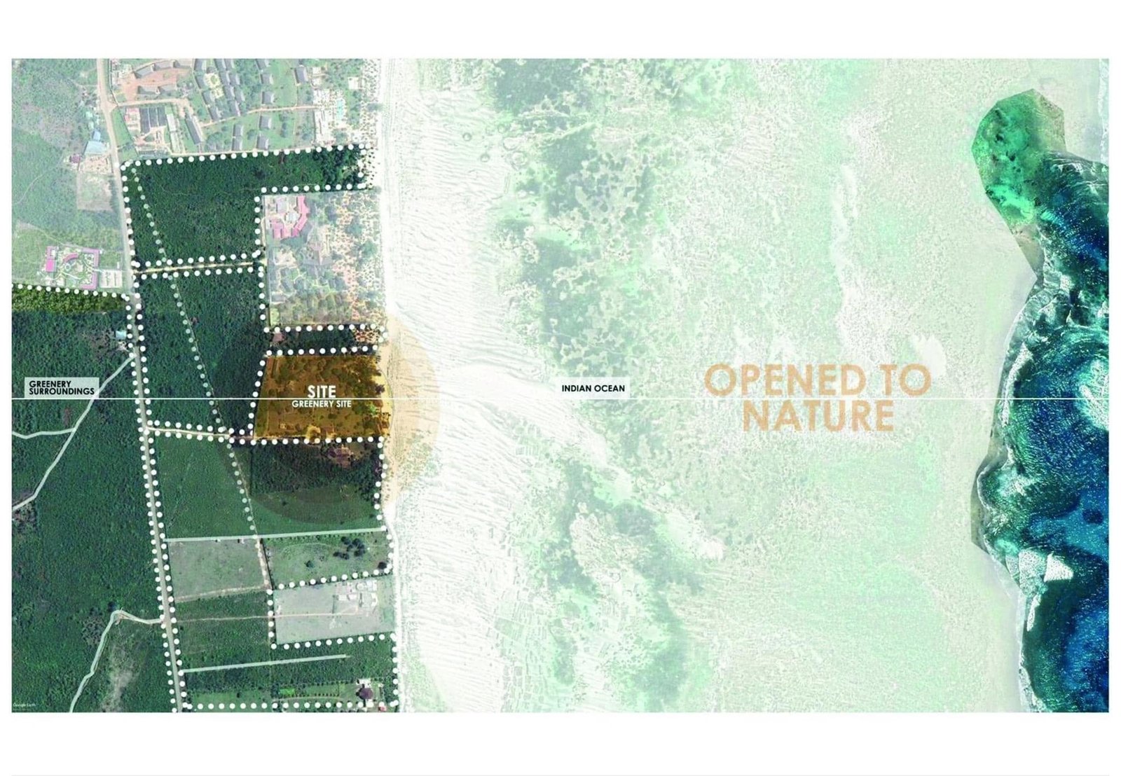 Aerial coastal site-analysis diagram showing the resort site boundary beside the beach.