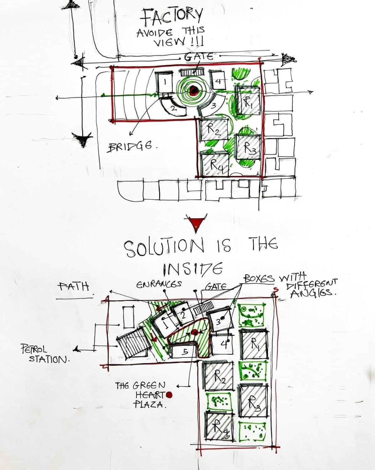Early concept sketches showing a site gate, landscaped interior and building arrangement.