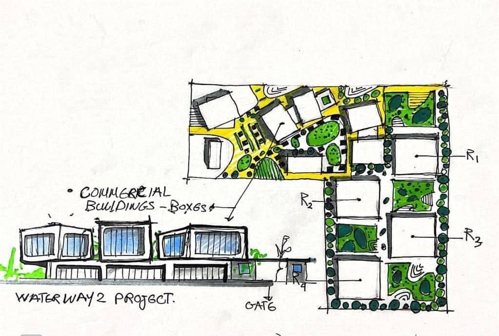Hand-drawn plan and elevation of commercial blocks around landscaped open spaces.