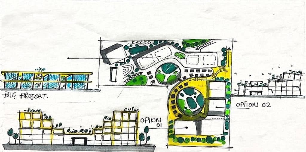 Sketches comparing plan layouts and building sections around green open spaces.