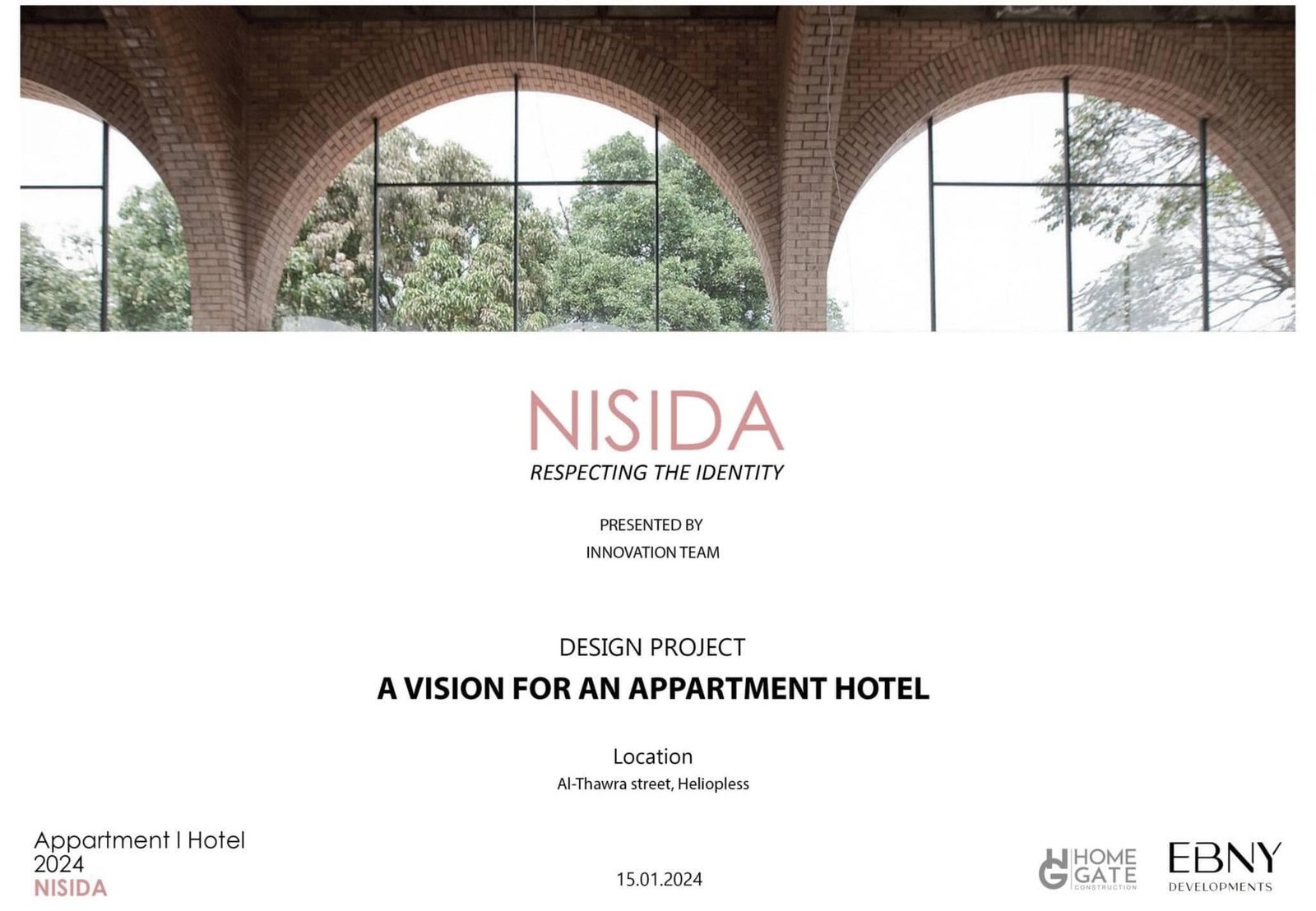 Nisida apartment hotel presentation cover with a brick-arched interior reference photograph.