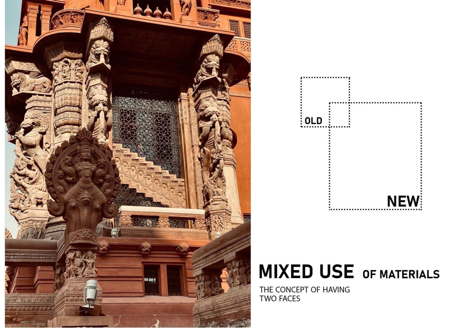 Ornate historic facade detail photograph paired with an old-and-new material concept diagram.