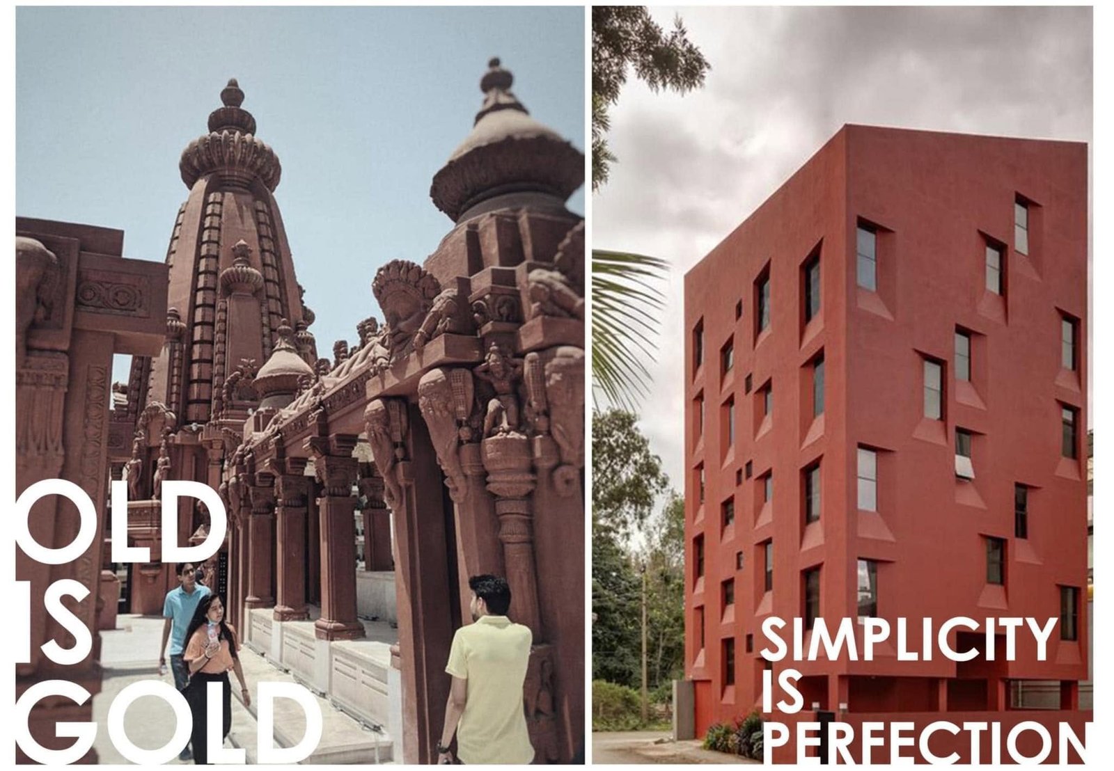 Reference board juxtaposing an ornate historic building and a simple contemporary brick facade.