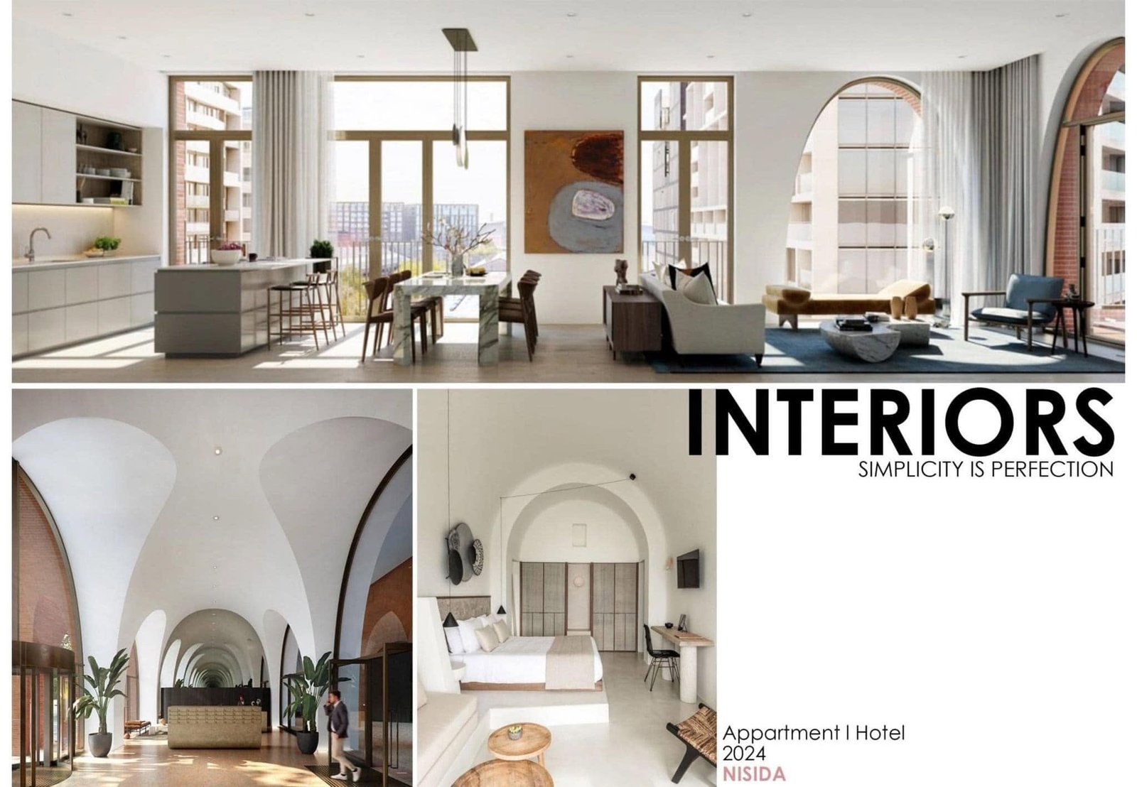 Interior reference collage with a kitchen, vaulted corridor and arched bathroom spaces.