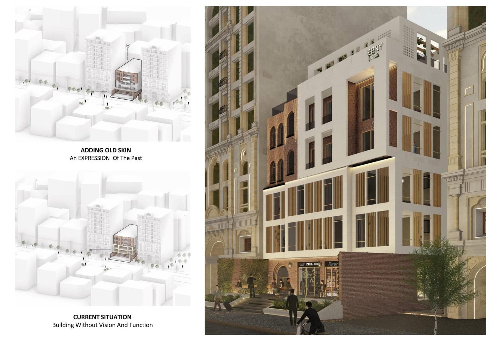 Nisida facade study pairing contextual model views with a brick-and-white-frame street visualization.