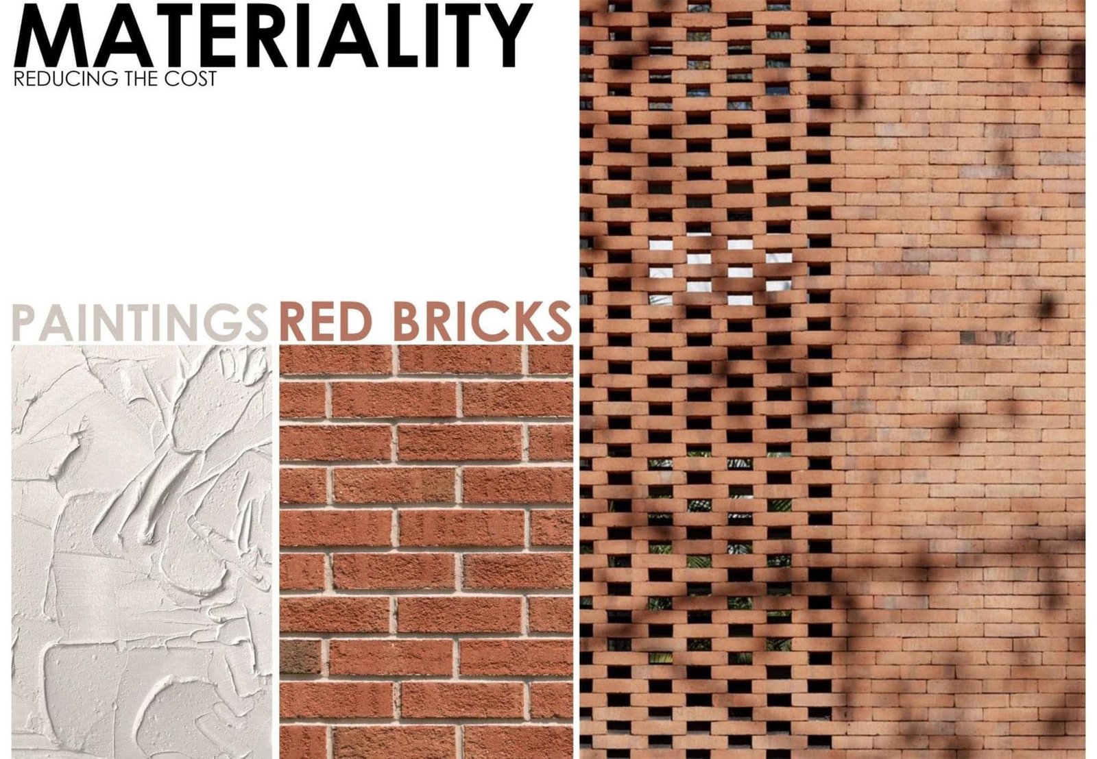 Material reference board showing plaster finishes, red bricks and patterned brickwork.