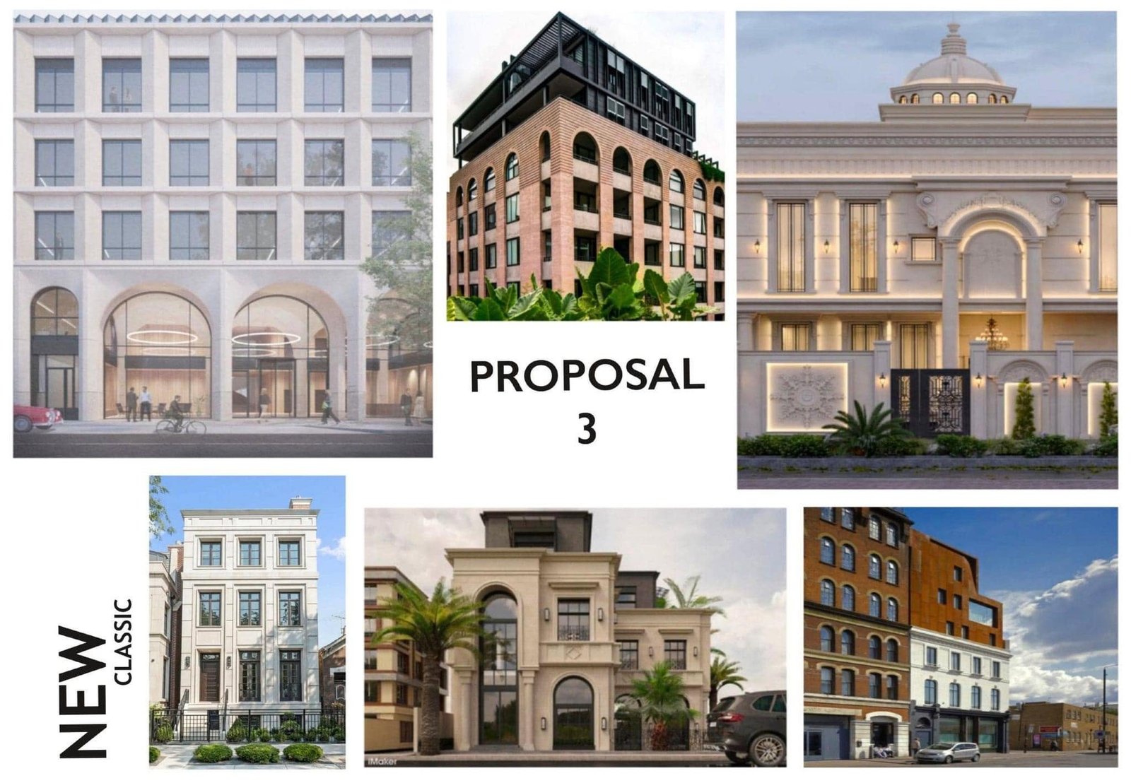 Nisida reference board comparing classical facade examples and a proposed architectural direction.
