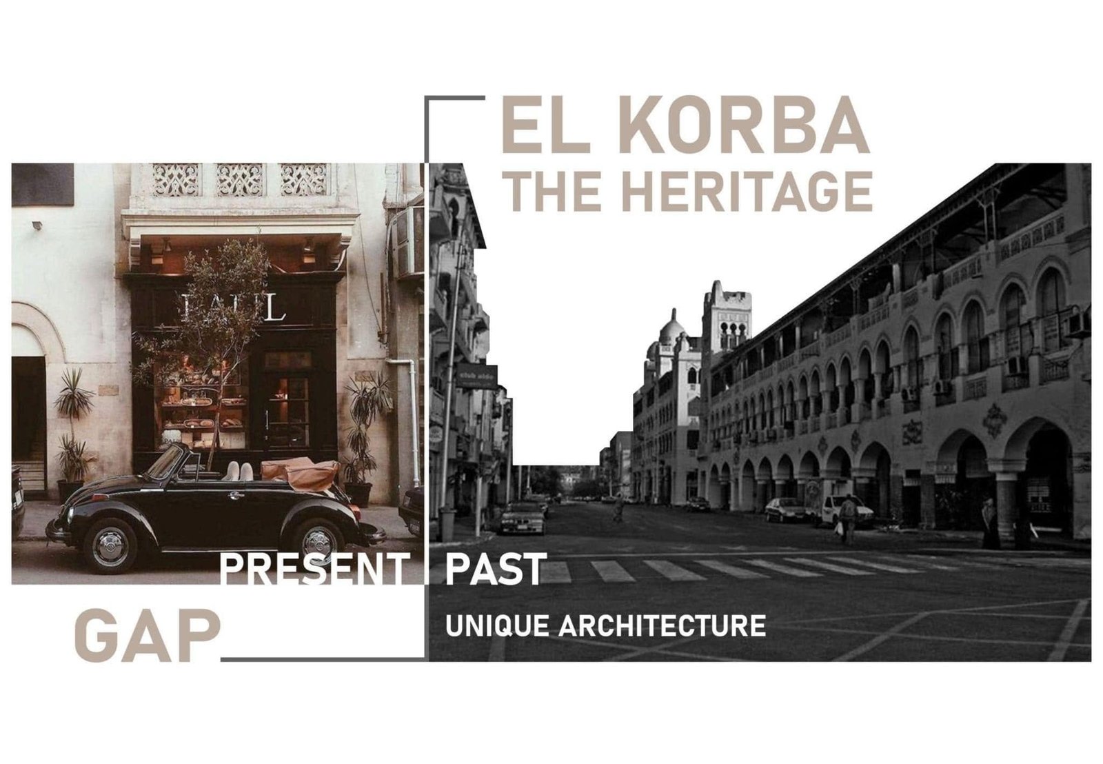 El Korba heritage reference board comparing contemporary street life and historic arcaded architecture.