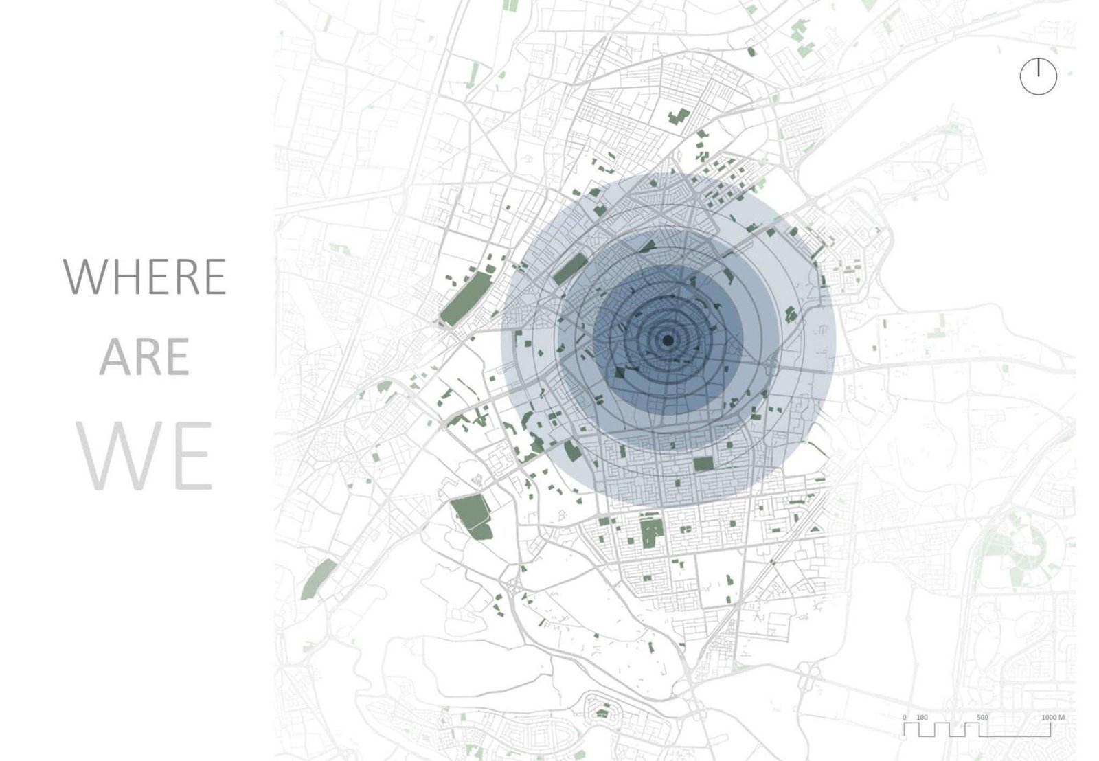Nisida location study with a street map and concentric context-analysis circles.