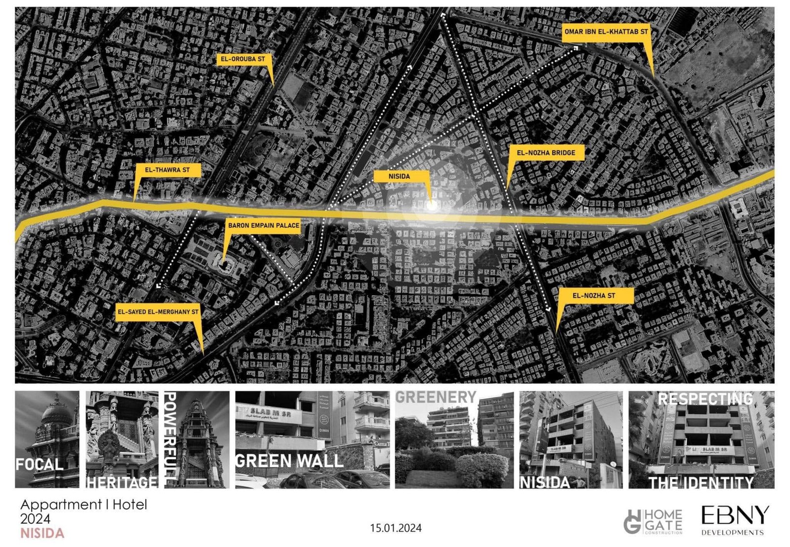 Heliopolis context map with a highlighted street route, landmark markers and architectural reference images.