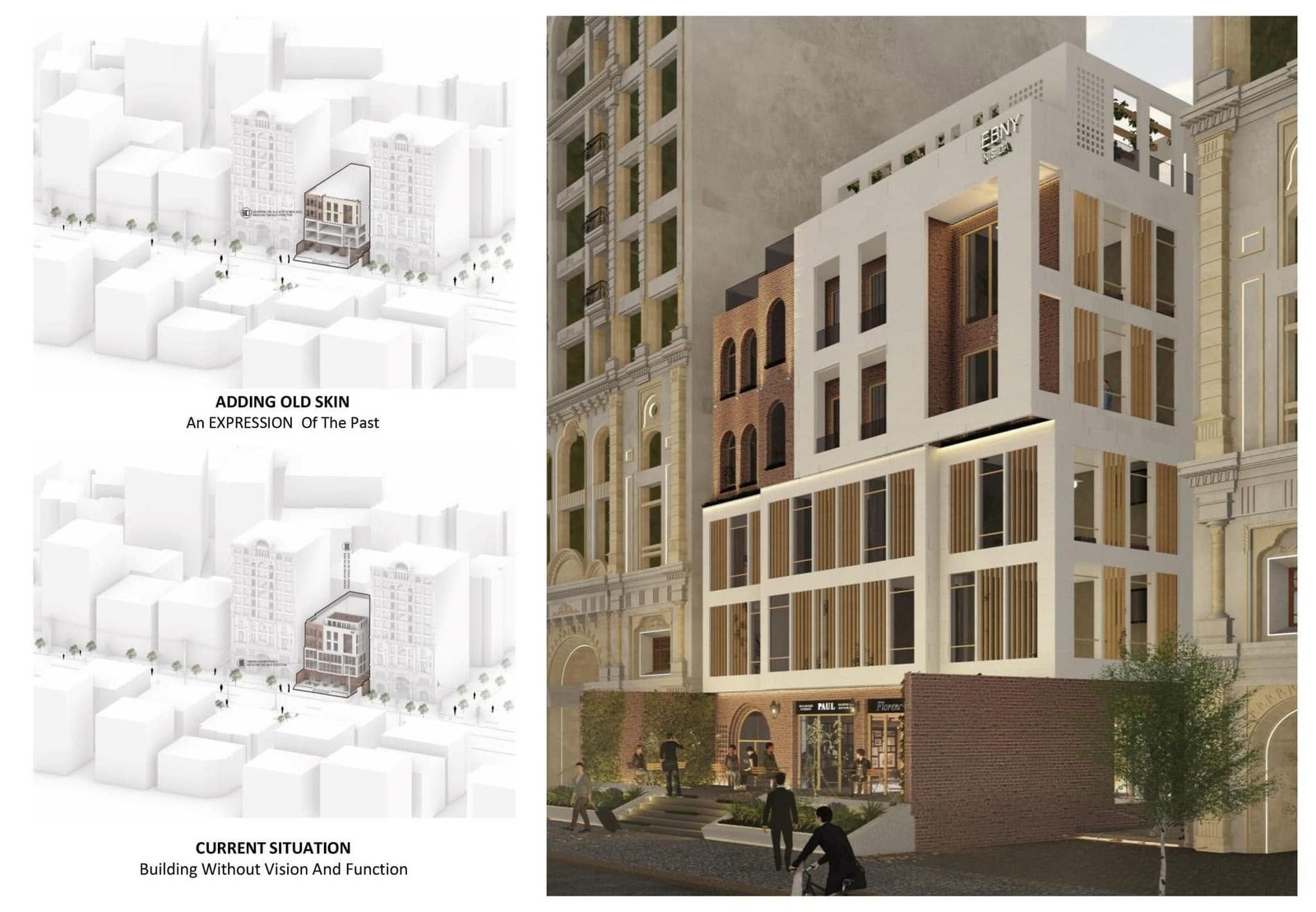 Architectural comparison board showing an added facade layer within a white urban massing model.