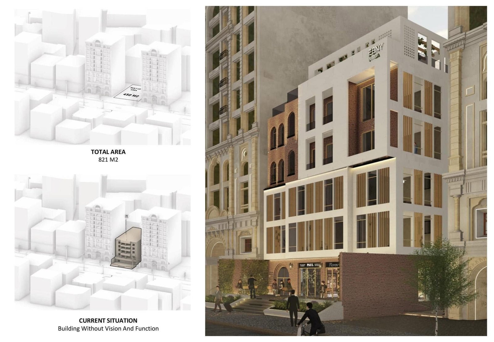 Nisida transformation board comparing a contextual massing model with a street-facing facade visualization.