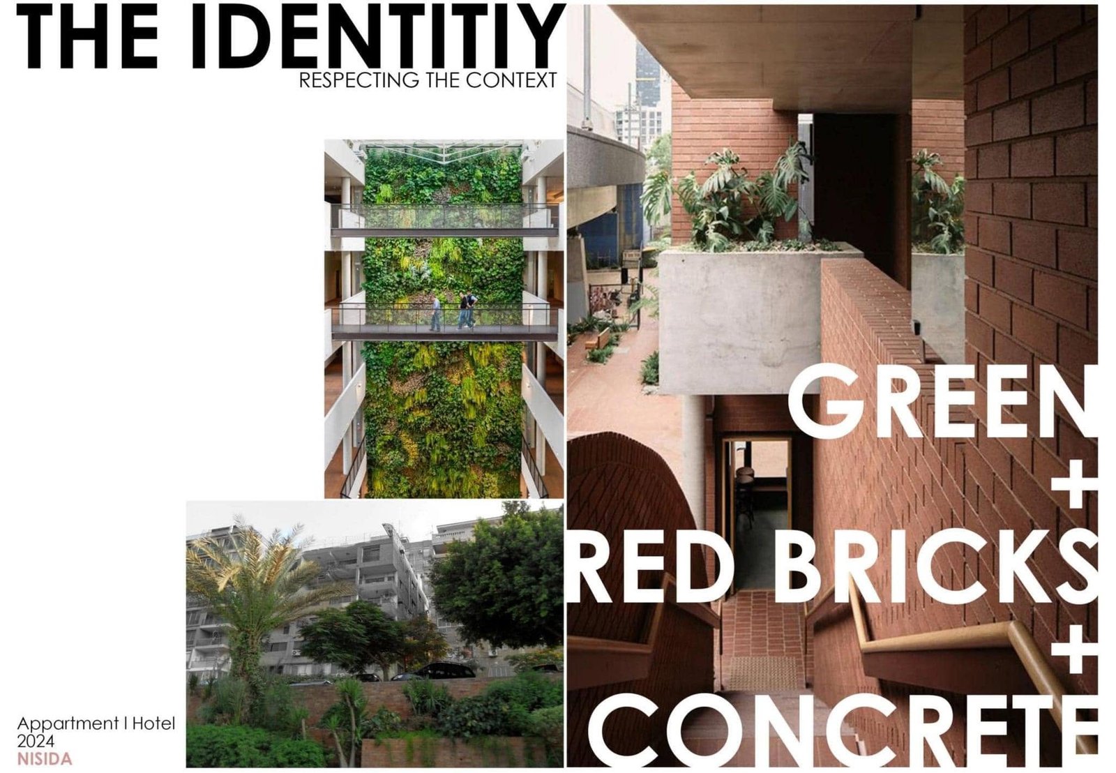 Nisida identity board combining greenery, brick architecture and concrete reference images.